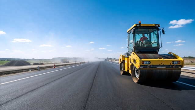 Yellow road roller compacting fresh asphalt on new highway. Heavy machinery paving road surface on construction site under blue sky