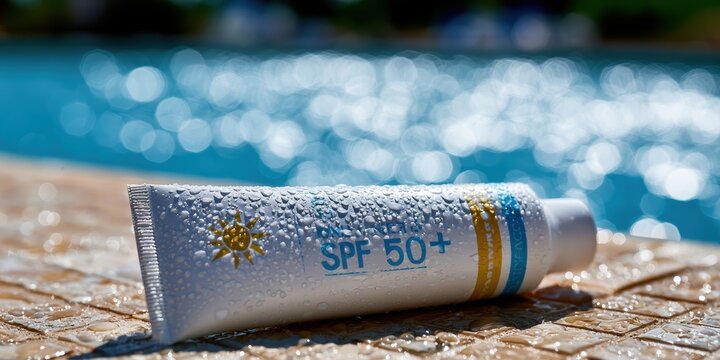 sunscreen product photography, a sharp close-up of a white spf mineral sunscreen tube with water droplets on a poolside, with a blurred pool in the background
