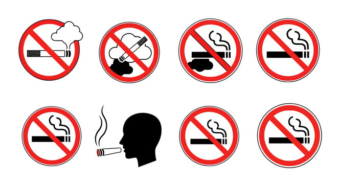No Smoking Sign Icon Set and Smoking Silhouette Vector