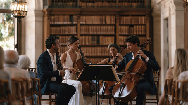 Group of adult string musicians performs classical music in a historic library with leather bookshelves and seated audience.