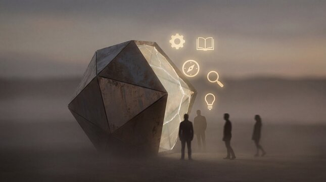 People interact with large geometric sculpture in desert landscape at sunset