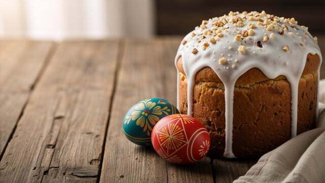 Traditional Easter bread with white icing and decorated eggs on a rustic wooden table. Homemade festive spring holiday baking. Copy space for text