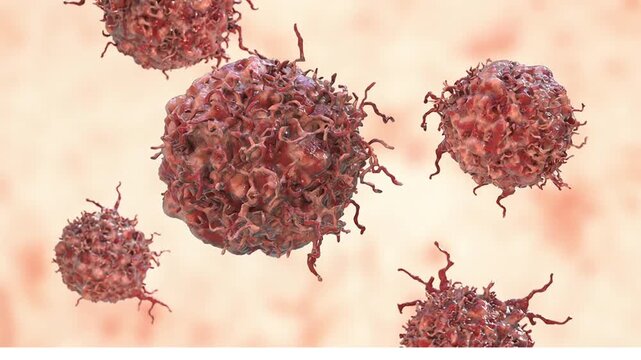 Tumour cells, 3D animation showing slowly drifting and rotating malignant cells, illustrating uncontrolled proliferation and cancer pathology in medical context.
