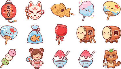 Obraz premium Cute set of vector illustrations featuring traditional japanese festival elements like snacks masks and characters in a playful artistic style