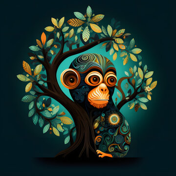 Creative Monkey Shaped Tree Vector Illustration