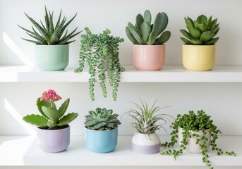 Fototapeta premium Collection of potted succulents and indoor plants on shelves isolated on white background
