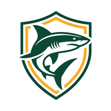 Shark mascot logo design inside a shield emblem