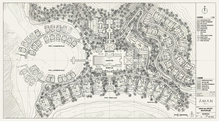 Fototapeta premium Architectural master plan of a luxury resort featuring villa layouts, central pool, and lush landscaping