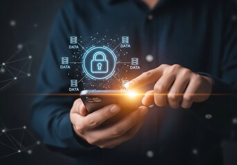 Fototapeta premium A professional securing cloud data on a smartphone in a dark office with glowing blue digital icons