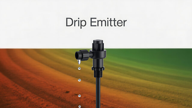 Irrigation drip emitter on soil with water drops  agricultural tool for efficient water supply  precision farming equipment