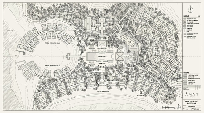 Architectural master plan of a luxury resort featuring villa layouts, central pool, and lush landscaping