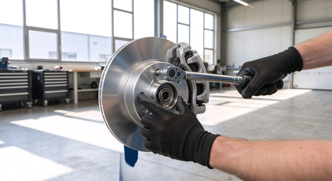Mechanic using a torque wrench on a car brake disc. Automotive repair and maintenance