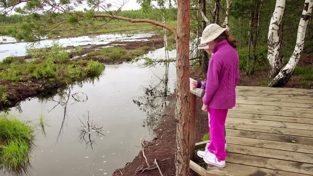 Two little beautiful girls walk on swamp, Estonia