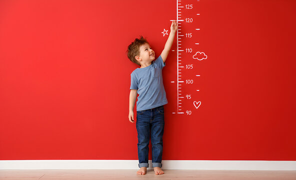 Cute Young Boy Standing on Tiptoes Measuring His Height on a Growth Chart Against a Bright Red Wall in a Studio Setting