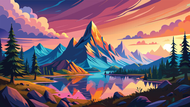 Colorful mountain landscape with a calm lake and pine trees at sunset in a vibrant artistic style Vector