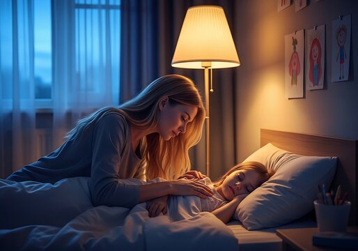 A loving mother tucking her young daughter into bed in a cozy bedroom with warm lamp lighting.