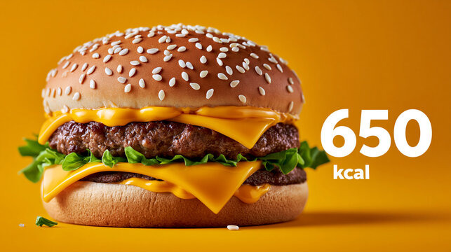 Ein saftiger Cheeseburger mit Pommes frites auf einem Tablett mit 650 kcal Anzeige