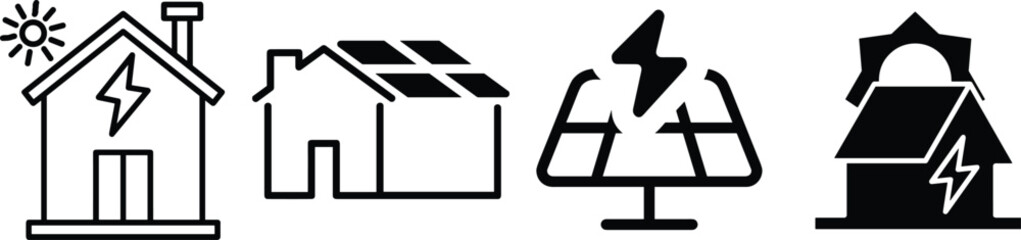 Modern solar energy vector icons depicting homes with photovoltaic panels, sun-powered electricity generation, and sustainable energy systems for eco-friendly and renewable technology illustrations © KOSAKA