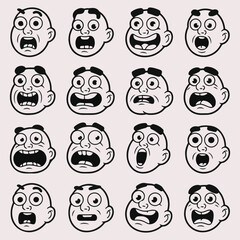 Fototapeta premium Funny cartoon face expressions avatar set, vector line art comic characters with silly emotions, sticking tongue out and laughing sticker pack