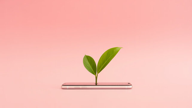 Green plant sprout growing from a smartphone on a pink background with new life