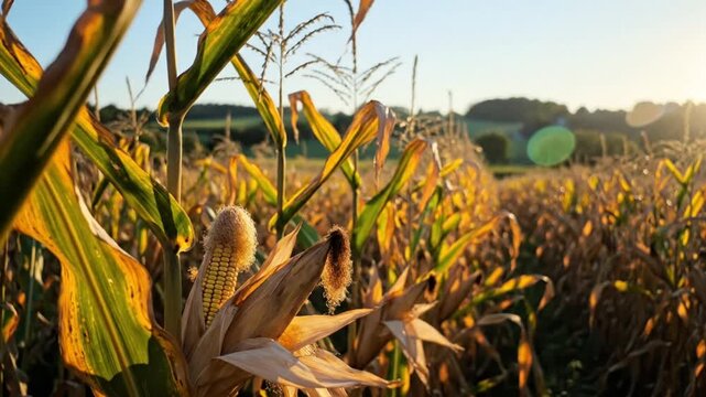 Ripe Cornfield with Golden Leaves in the Autumn Sunlight on a Beautiful Day