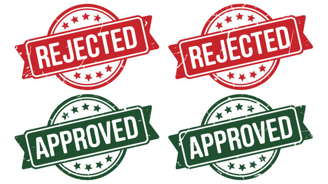 Circular approval and rejection stamps with ribbon banners distressed vector illustration approved reject rejected stamp seals texture banner graphic element badge
