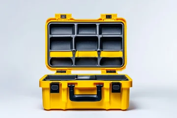 Compact yellow toolbox with handle open isolated on white background © pixelliebe