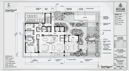Architectural floor plan of a residential building unit with landscape design and pool area © Saharia