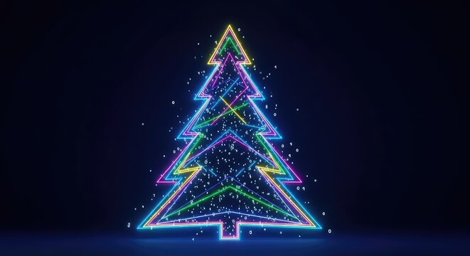 Vibrant digital Christmas tree shining with neon lines and glowing data points against a sleek dark blue backdrop for a modern tech vibe, pine, technology, modern
