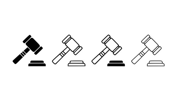 Judge Gavel and Sound Block Icon Set Featuring Black and White Minimalist Silhouette and Line Art Style Justice Design Variations