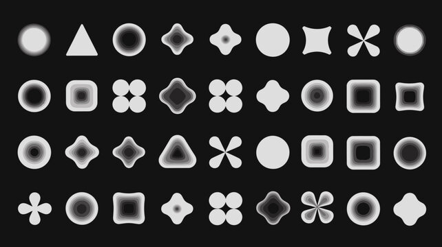 Geometric shapes with soft shadows on a black background circle square triangle diamond cross abstract forms graphic design vector illustration minimalist
