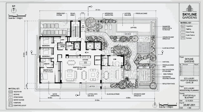 Architectural floor plan of a residential building unit with landscape design and pool area