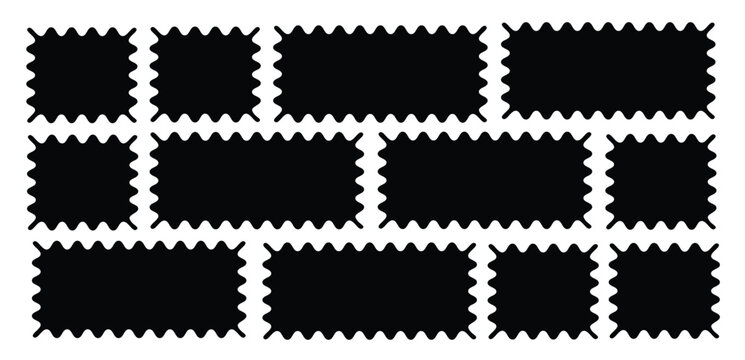 wavy rectangular frames scallop set black. Postage stamp borders. Geometric shapes stickers with zigzag wavy edge. scallop edge shape