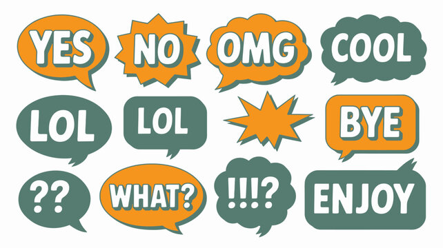 Comic style speech bubbles with text in vibrant colors against a white background balloons thought word dialogue expression exclamation cartoon pop