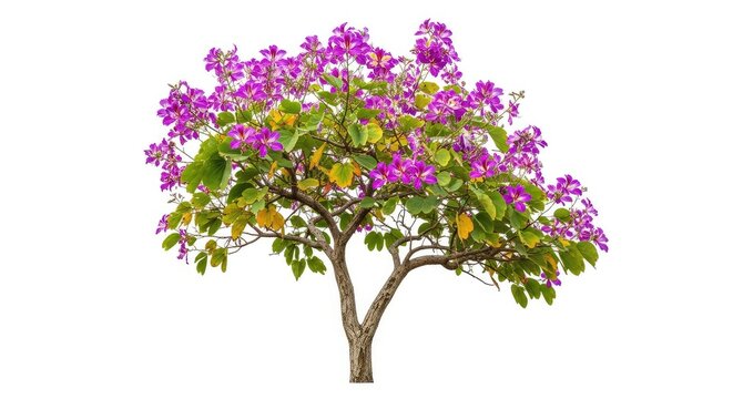 vibrant orchid tree with distinct bilobed leaves and purple flowers isolated on white background, showing detailed bark and branch structure, petals, vegetation, cutout