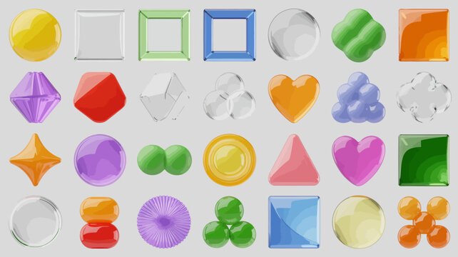 Collection Of Colorful Geometric Shapes And Objects 3d Rendered Illustration render rendering abstract arrangement blue shape cube diamond faceted geometry glossy