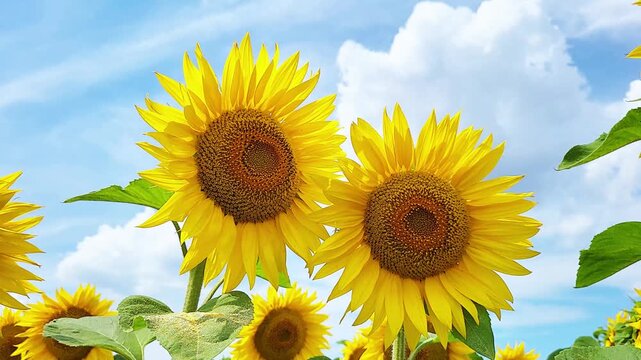 Blooming sunflowers waving in the breeze