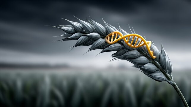 Wheat grain with DNA strand symbolizing agricultural biotechnology advancements