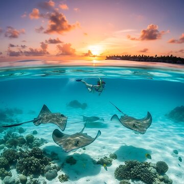 Snorkeler swims with stingrays at sunset near tropical shore