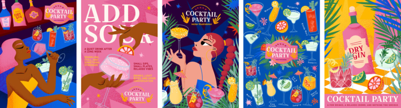 Cocktail party. Vector illustration of a summer bar, a menu of popular tropical alcoholic drinks, hands with a glass, and stylish women for a poster, invitation, nightlife design, background, flyer or