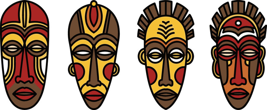 African Tribal Mask Vector Set with Colorful Traditional Ritual Wooden Masks for Ethnic Culture and Heritage Graphic Design Elements