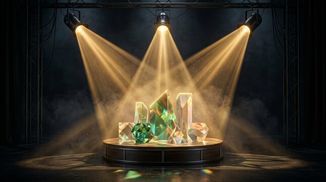 Multi faceted glass prisms under volumetric stage lighting on podium