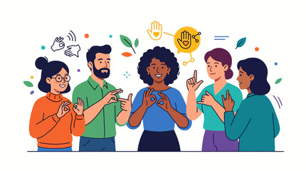 Diverse group of people communicating using sign language together 1. © Rizqi Baraka
