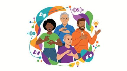 Diverse group of people communicating using sign language together. © Rizqi Baraka