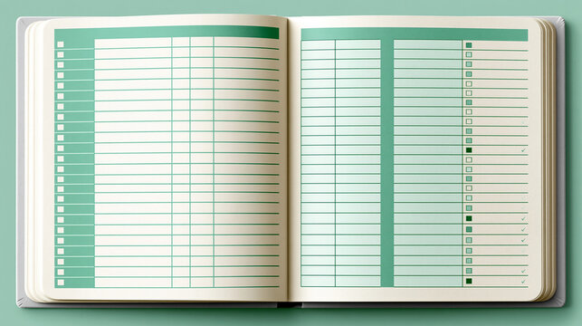 Ein aufgeschlagenes Notizbuch mit leeren linierten Seiten und Spalten f&uuml;r Eintr&auml;ge liegt auf einem hellen Untergrund.