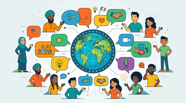 Diverse group of people communicating globally around a world map illustration.