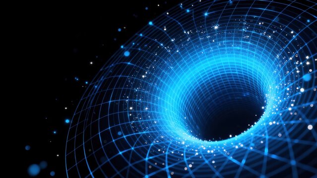 Blue digital wormhole with grid and stars
