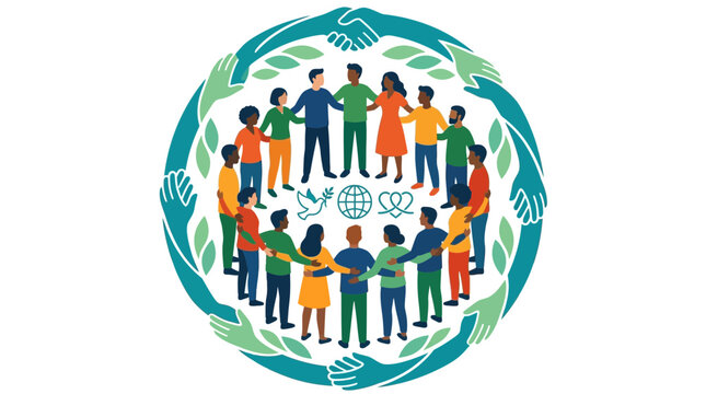 Diverse group of people standing in a circle with interconnected hands.