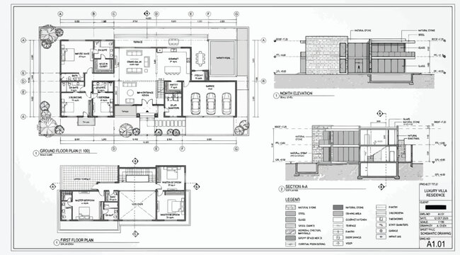 Architectural house plans with floor layouts and building sections