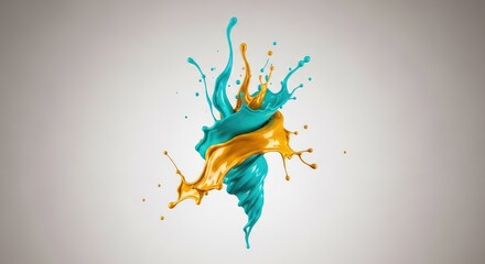 Obraz premium Dinamica esplosione astratta di fluidi color turchese vibrante e oro brillante con gocce sospese e vortici eleganti su fondo neutro, aqua, energy, creative